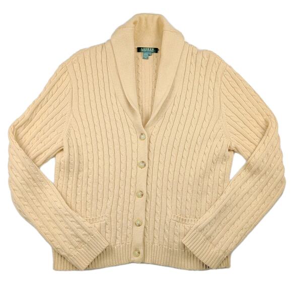 Lauren Ralph Lauren Sweaters - VTG Ralph Lauren Cable Knit Button Up Sweater Shawl Collar XL Tan